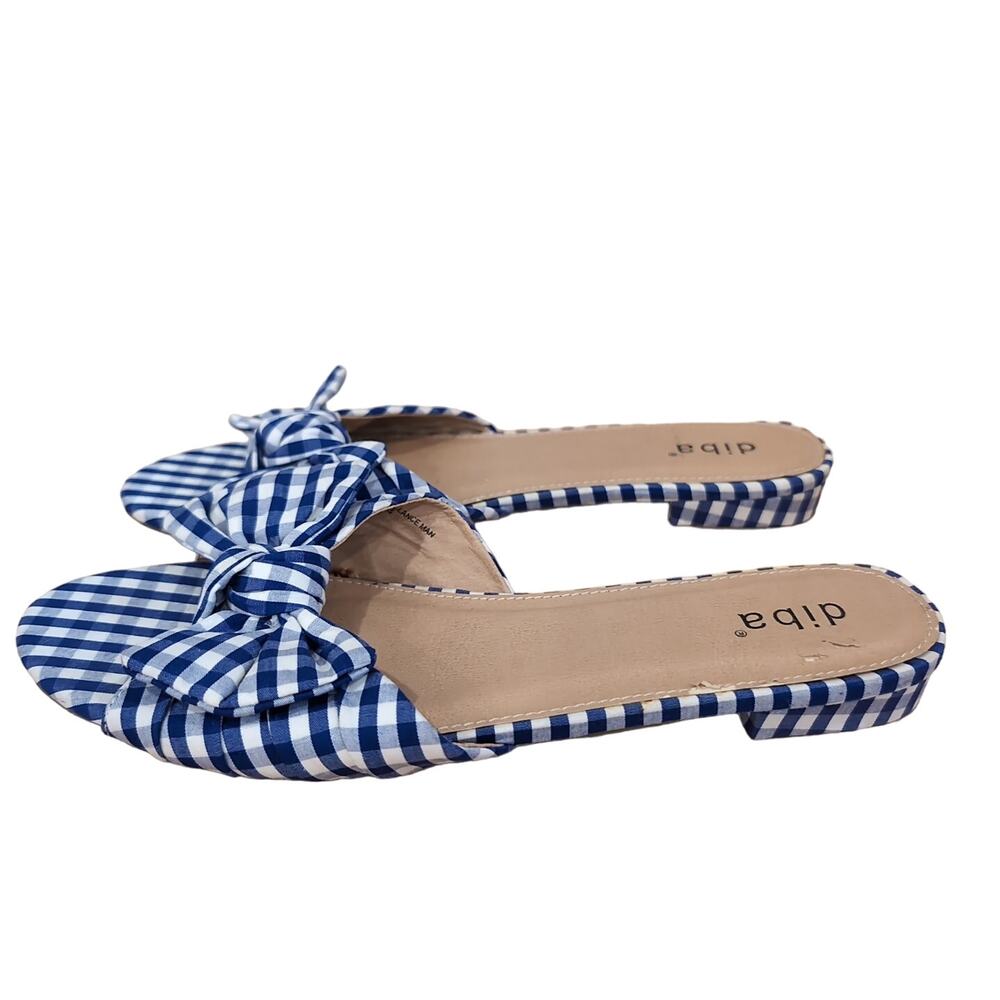 Diba Blue White Gingham Check Bow Slip On Sandals Size 8.5